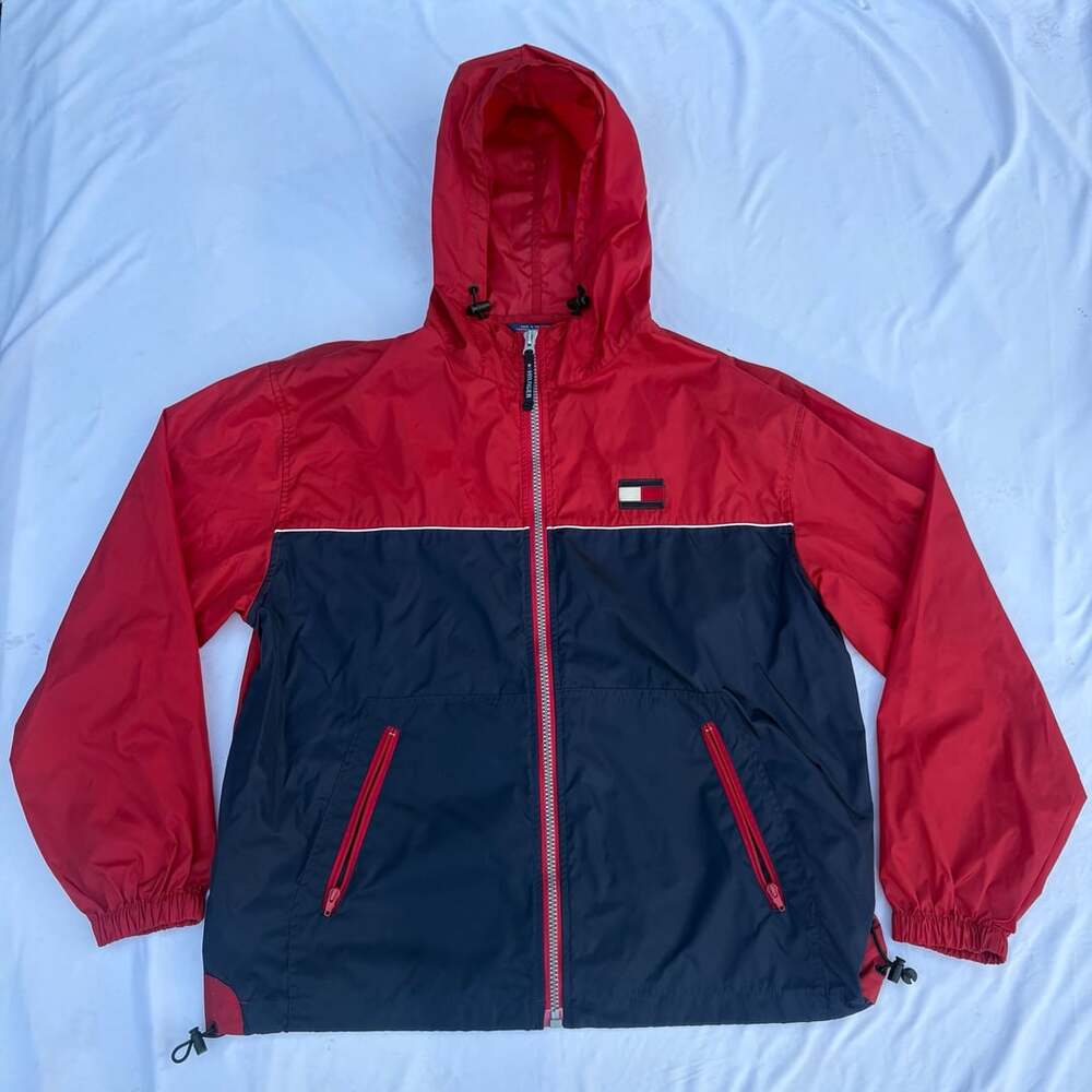 Tommy Hilfiger Windbreaker Jacket Size XL Red Navy Blue Colorblock Hooded